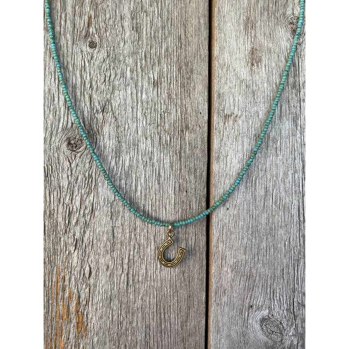 J.Forks Designs - Wholesale Pendant/Charm Necklace - 17606 Turq Seeds w/Bronze Horseshoe Charm Necklace
