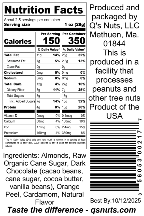 Q's Nuts, LLC - Wholesale Chocolate Covered Sweets - 2.3 oz Chocolate Orange Cardamom Almond1