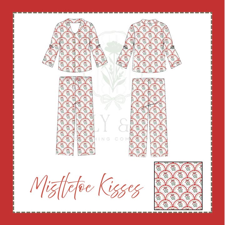 Mistletoe Kisses Adult Set Bamboo Pajamas for wholesale by Elly & E Clothing Co.