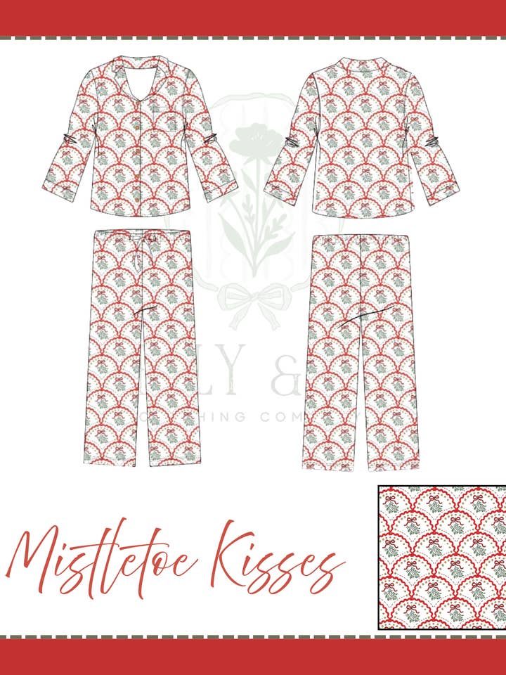 Mistletoe Kisses Adult Set Bamboo Pajamas for wholesale by Elly & E Clothing Co.