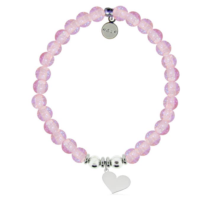 Heart Cutout Charm with Pink Glass Shimmer Charity Bracelet for wholesale by H.E.L.P