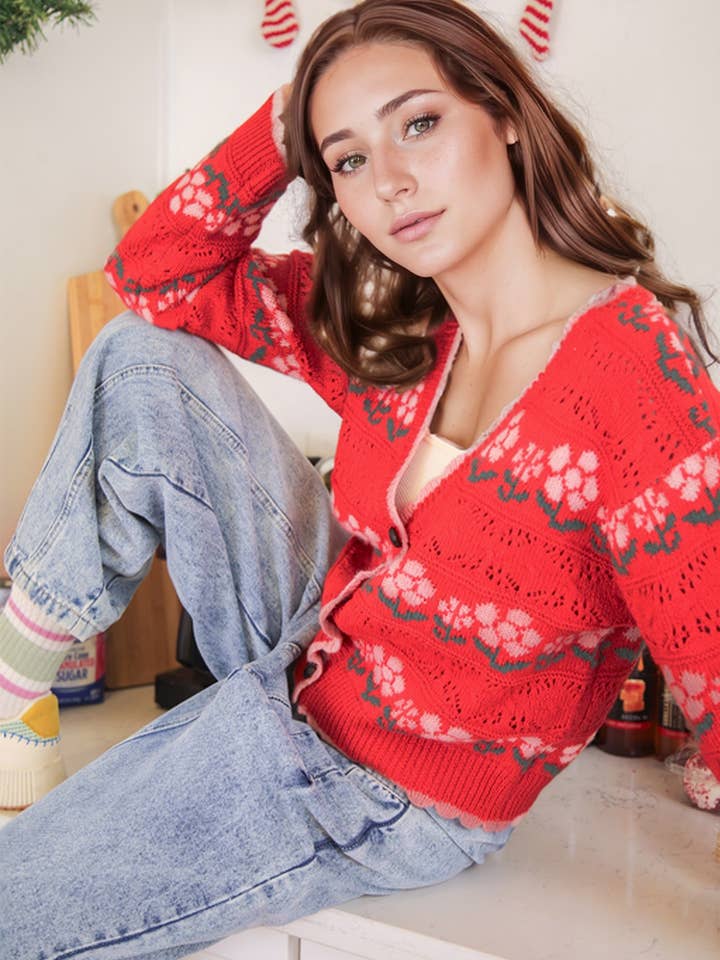 VERY J - Wholesale Cardigan - Women's - 12W3524N-Floral Graphic Detail Knit Sweater Cardigan5