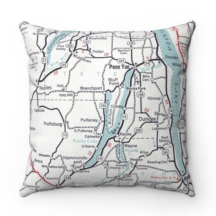 Keuka Lake New York Map Pillow – 18" Square Throw Pillow for wholesale by Daisy Mae Designs