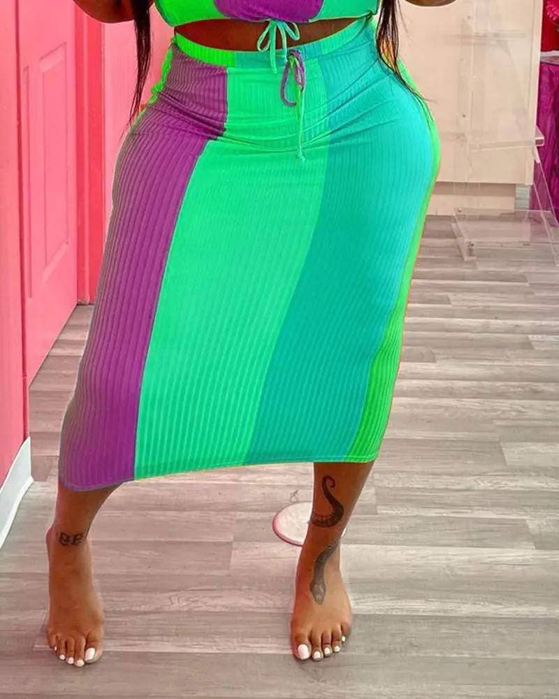 Fashion Combination - Vente Ensemble haut et jupe - Femme - ensemble de jupe courte côtelée colorblock grande taille6