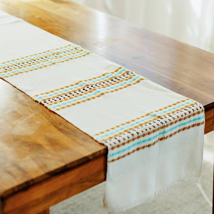 Handwoven Table Runner - Mustard and Teal  for wholesale by Origin Mexico