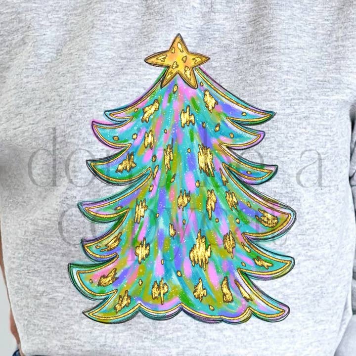 Green Colorful Christmas Tree Gold Glitz DTF Transfer for wholesale by K and M Designs