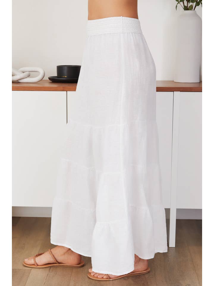 White MINERAL WASH TIERED MAXI SKIRT(154125-WHITE) for wholesale on Faire
