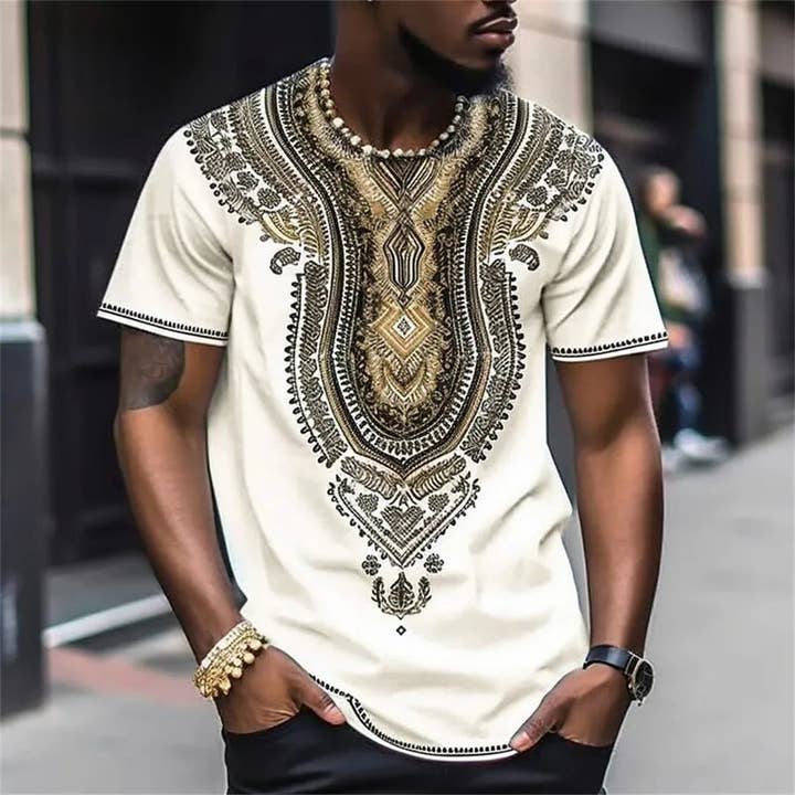 Men's 3D Print Casual Ethnic Style Round Neck Short Sleeve Loose Men's T-shirt for wholesale by Aromatized Collection