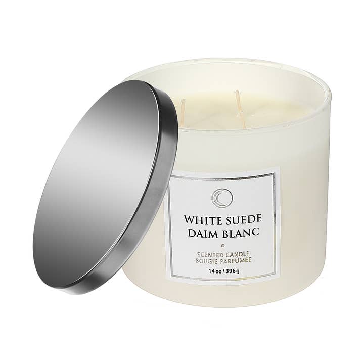 14 Oz 3 Wick Luxe Scented Candle With Lid White Suede for wholesale by IH Casa Decor