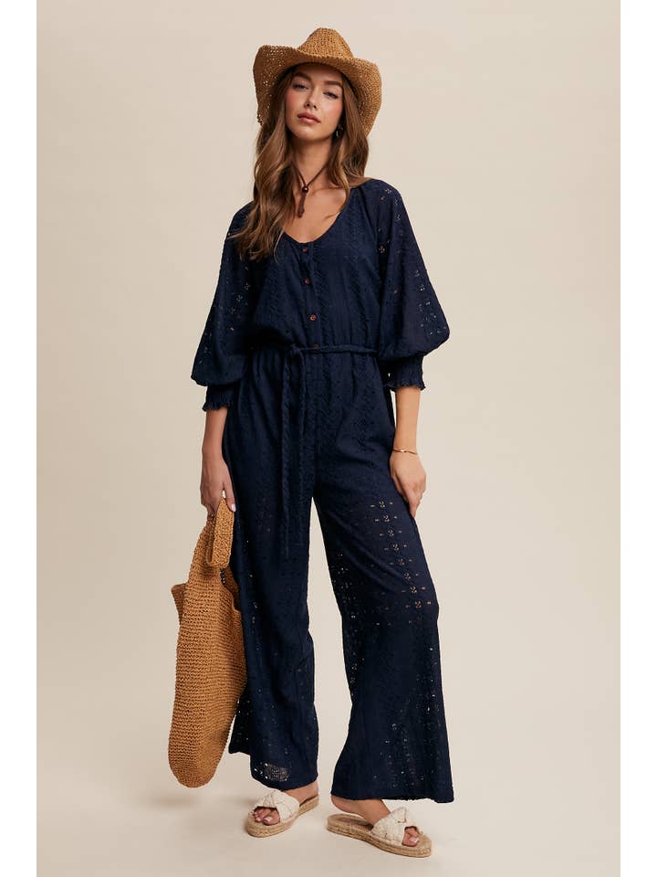 Listicle - Wholesale Jumpsuit - Women's - Eyelet Lace Wide Leg Jumpsuit