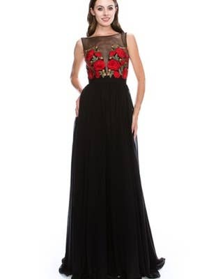 Lang kjole med bådhals med gennemsigtig bodice og roser LM8003 for engroshandel hos Chicas