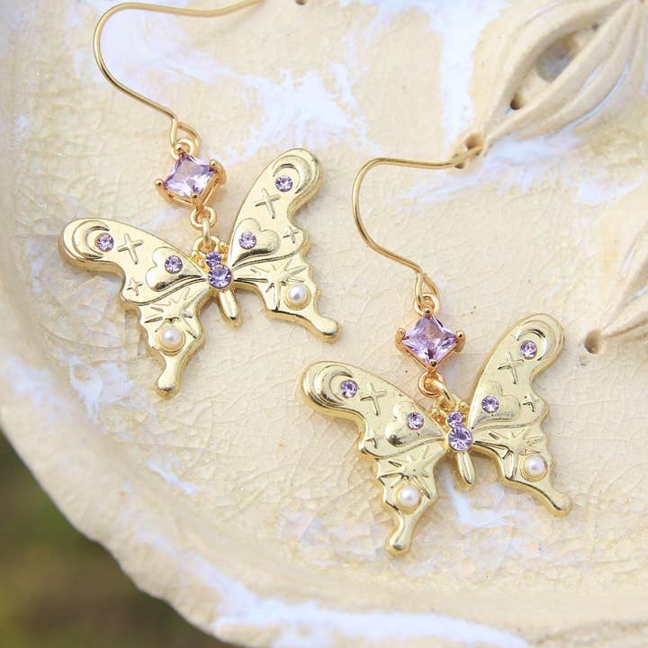 Gold Butterfly Earrings with Stars, Moons, Crystals for wholesale by Bo and Ho