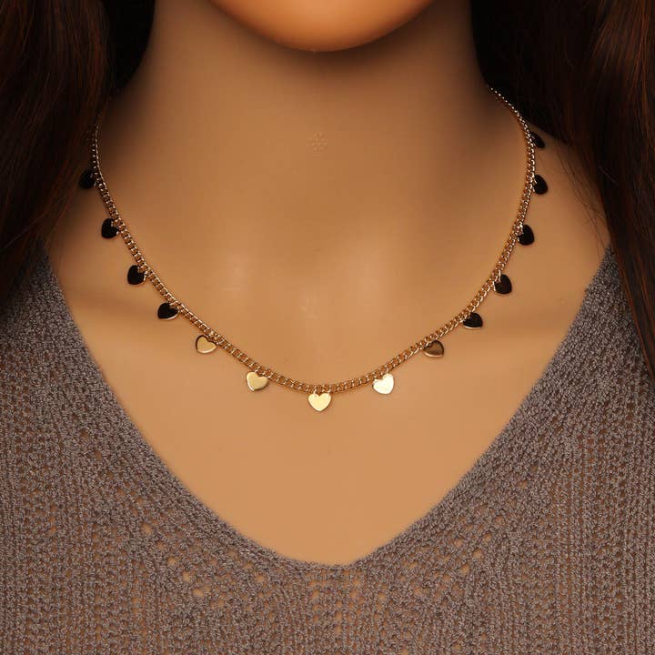 Gold Heart Thin Cuban link chain Adjustable Necklace, Sku#LD472 for wholesale by BestBeads&Beyond