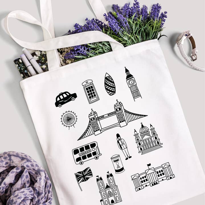 London Icons Illustration Tote Bag for wholesale by Love British Lifestyle
