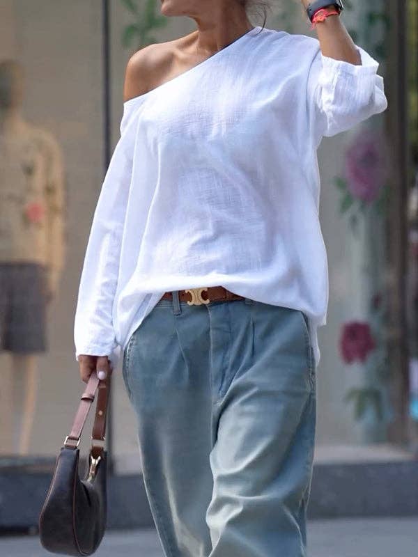 WHITE Long Sleeves Loose Solid Color One-Shoulder T-Shirts Tops for wholesale on Faire