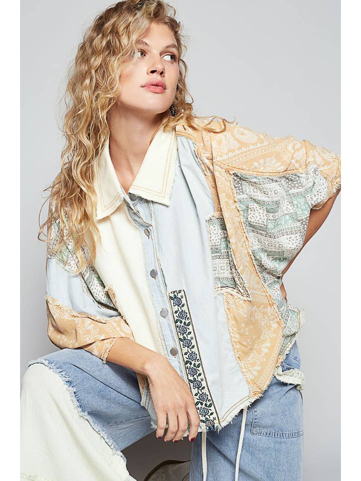Pol Clothing - Wholesale Button Down Shirt - Women's - Oversize button down contrast fabric panel high low shirt