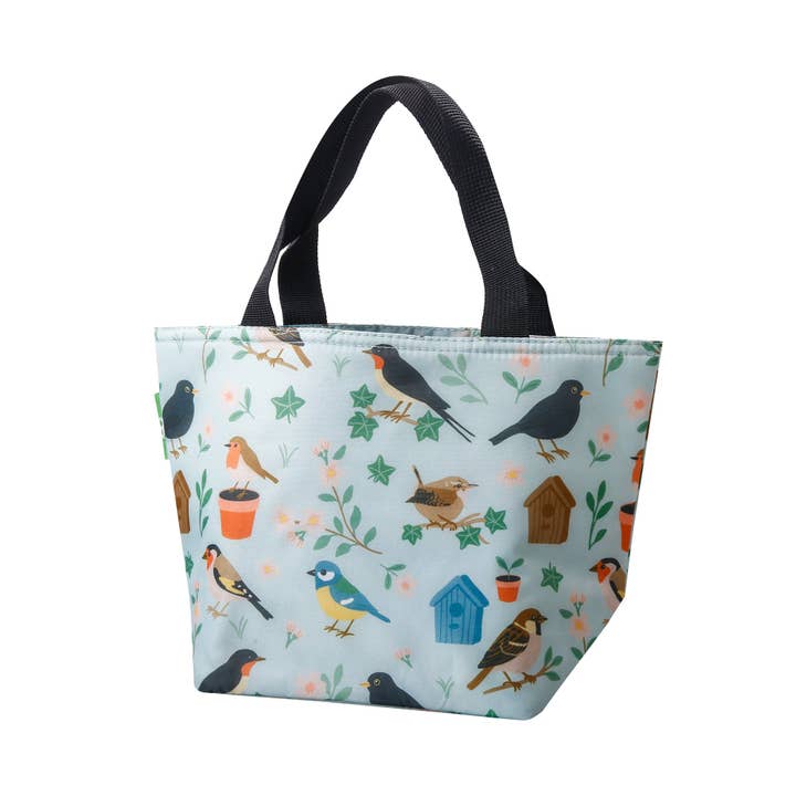C108GN - Eco Chic Lightweight Foldable Lunch Bag Garden Birds Green (Pack of 2) for wholesale by Eco Chic