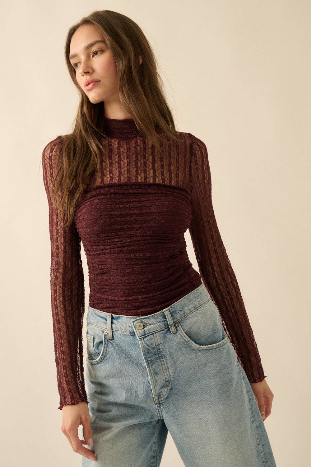 Promesa USA - Wholesale Bodysuit - Women's - Striped Floral Lace Ruched Mock-Neck Bodysuit21