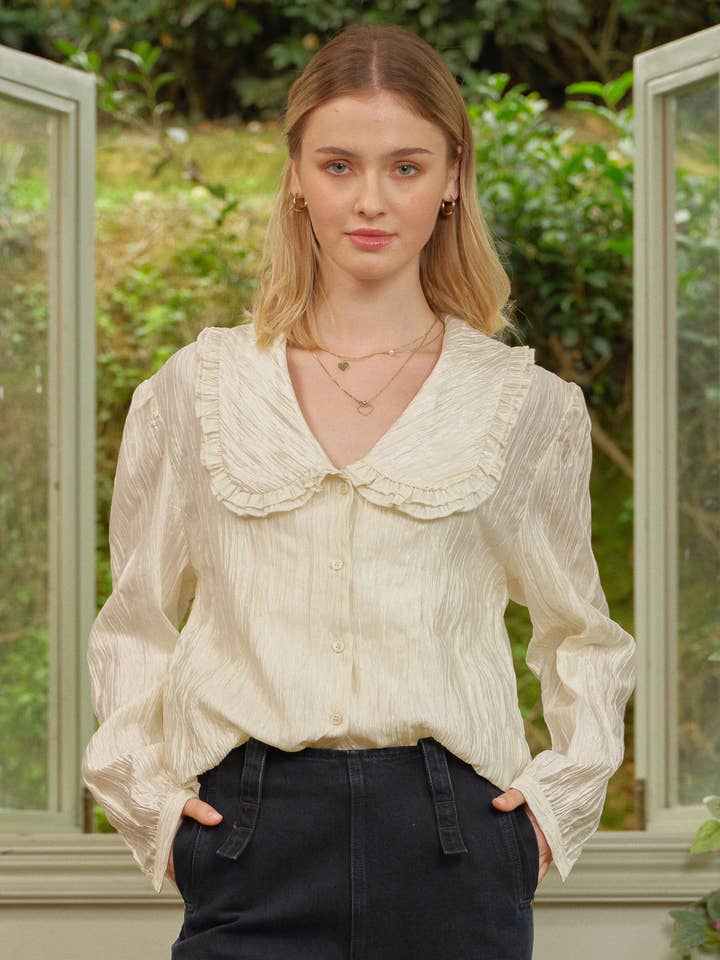 RP2679 - Shimmering Statement Collar Textured Blouse for wholesale by ROSIE POSIE