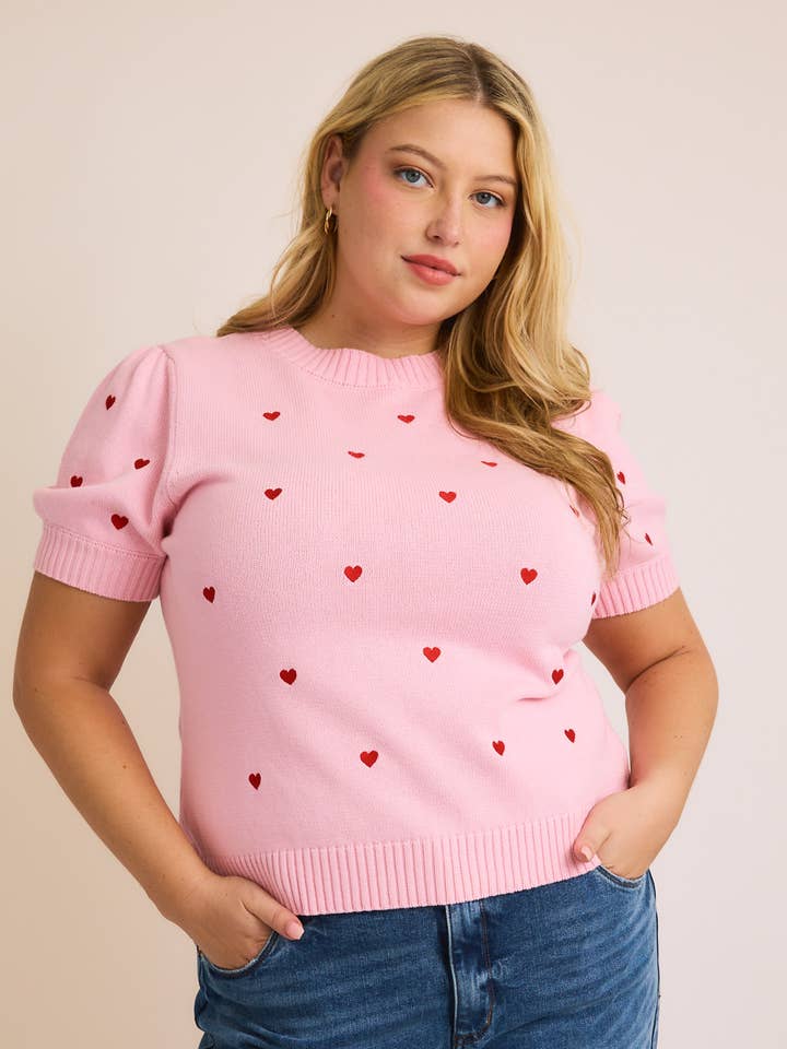 GILLI - Wholesale Knit Sweater - Women's - **PLUS** PUFF SHORT SLEEVE "HEART" EMBROIDERED SWEATER