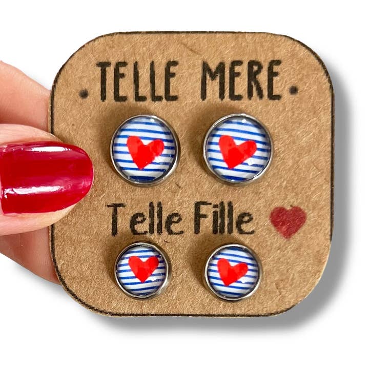 Dans l'Air du Temps Bijoux - Wholesale Stud/Post Earrings - Mother Daughter Earrings / "Like Mother, Like Daughter!" red hearts and blue stripes