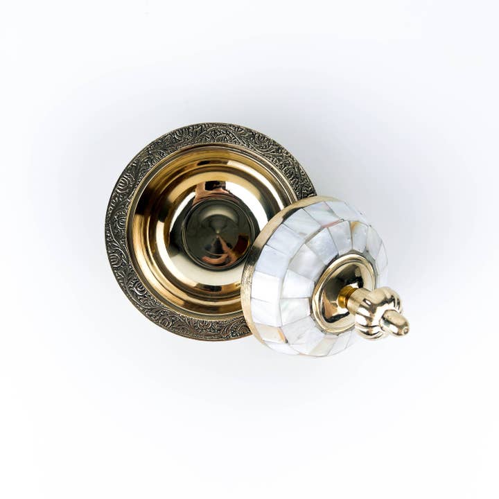 GREENROOTS USA LLC - Wholesale Decorative Plate/Dish/Bowl - Brass Mother Of Pearl Carved Bowl With Lid - 3.5"D, 3"H8