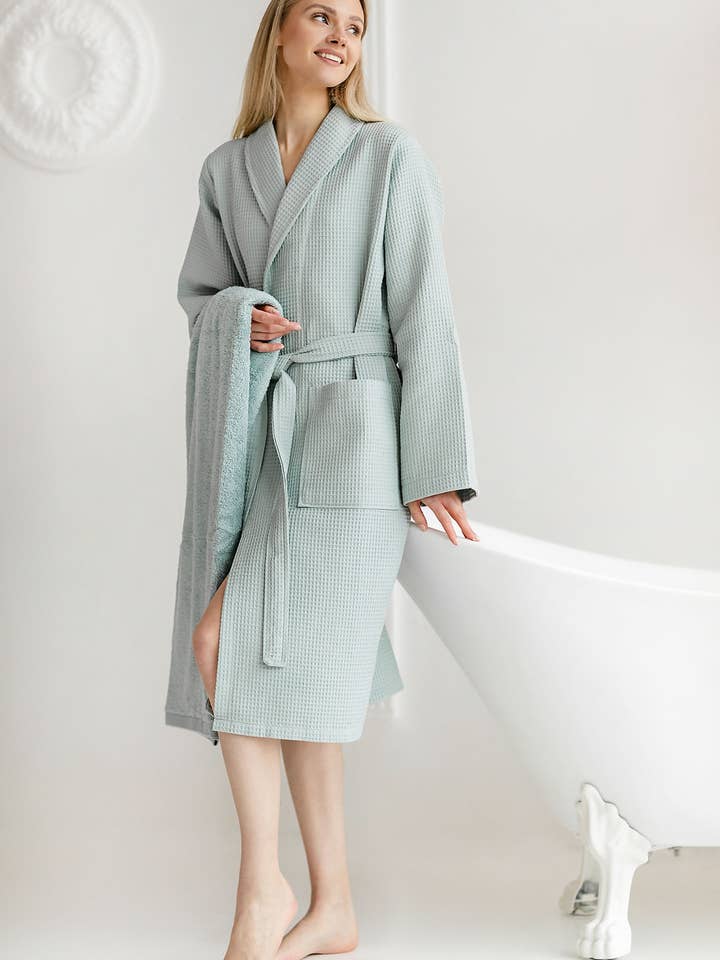 Casilin – Robe - Unissexo por atacado – Robe de banho para sauna em algodão waffle - verde mar1