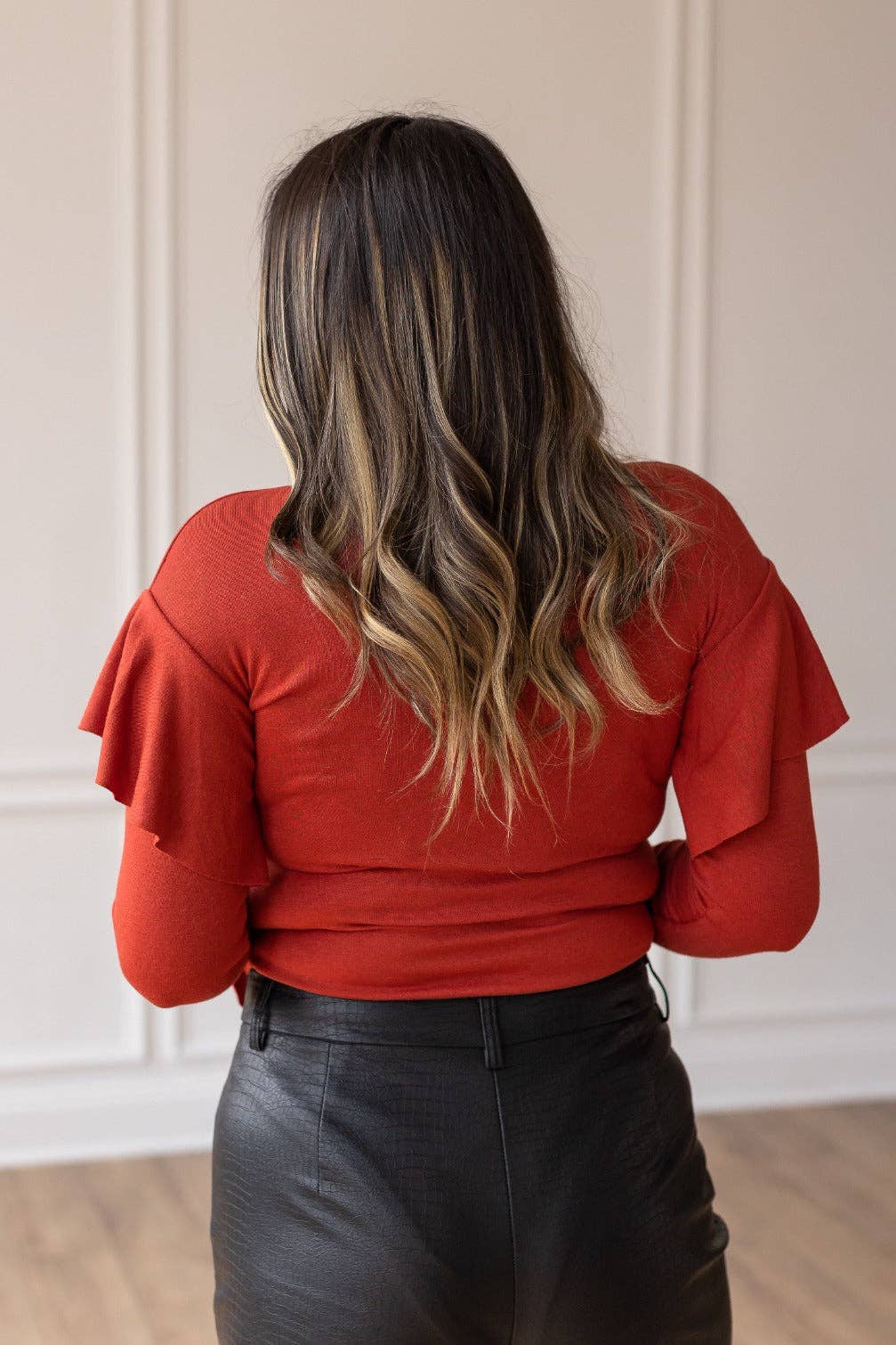 Rust Rustic Shimmer Bodysuit With Ruffle Shoulder Sleeve for wholesale on Faire4