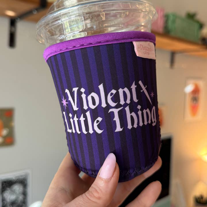 CrescentCatCo - Wholesale Drink Huggers & Koozies - Violent Little Thing Bookish Iced Coffee Drink Sleeve1