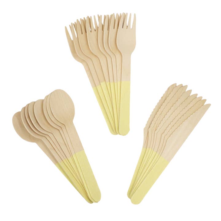 Ellie's Party Supply - Wholesale Disposable servingware set - Pastel Yellow Wooden Utensils (Set of 24)1