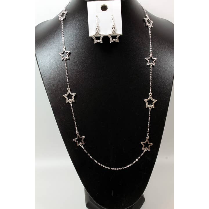 Long Silver Tone Stars Necklace & Drop Earrings Set for wholesale by Western Counties Wholesale