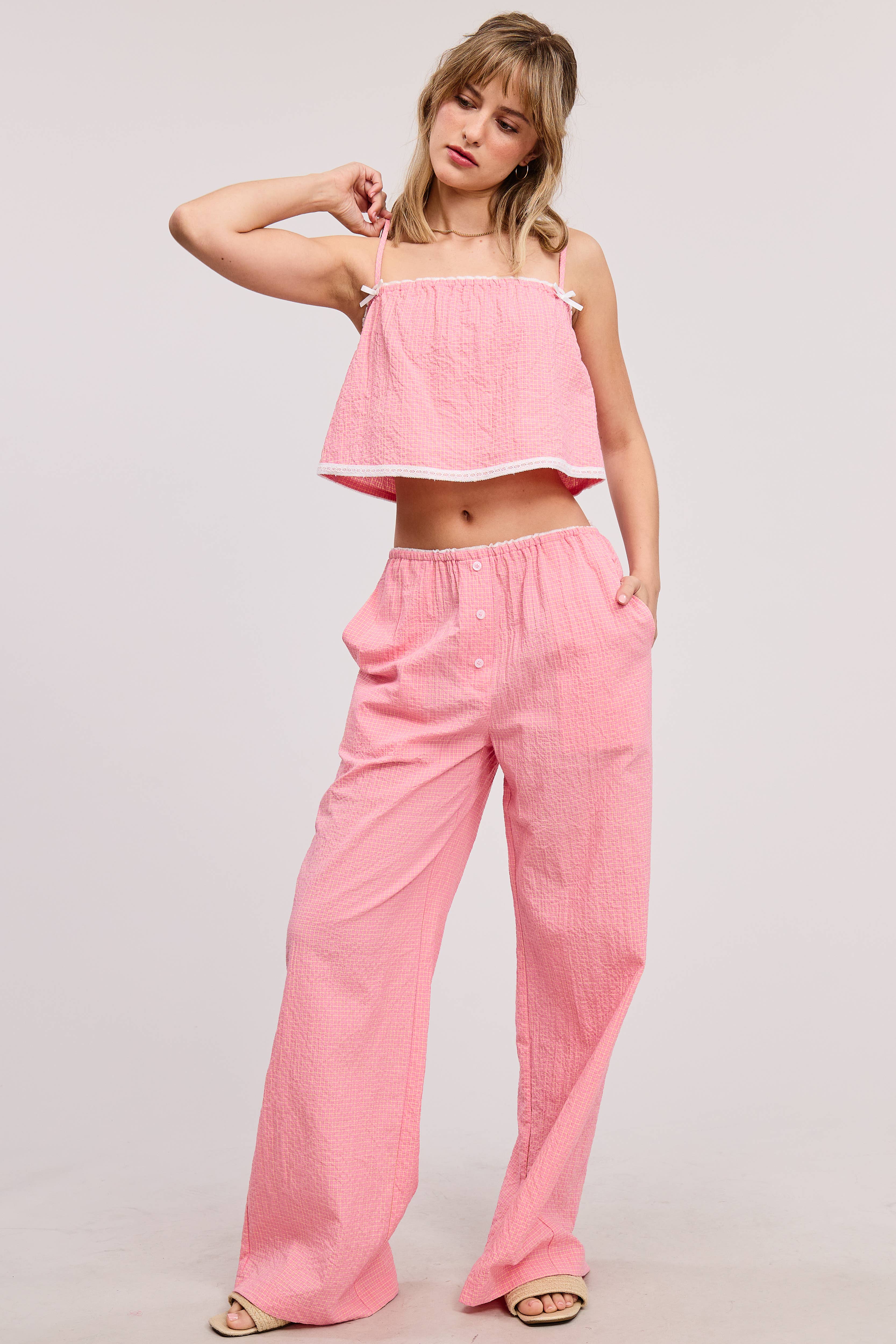 Mimosa - Wholesale Top & Pant Set (NOT Loungewear) - Women's - Plaid Lace Trim Tank and Pants Matching Set6