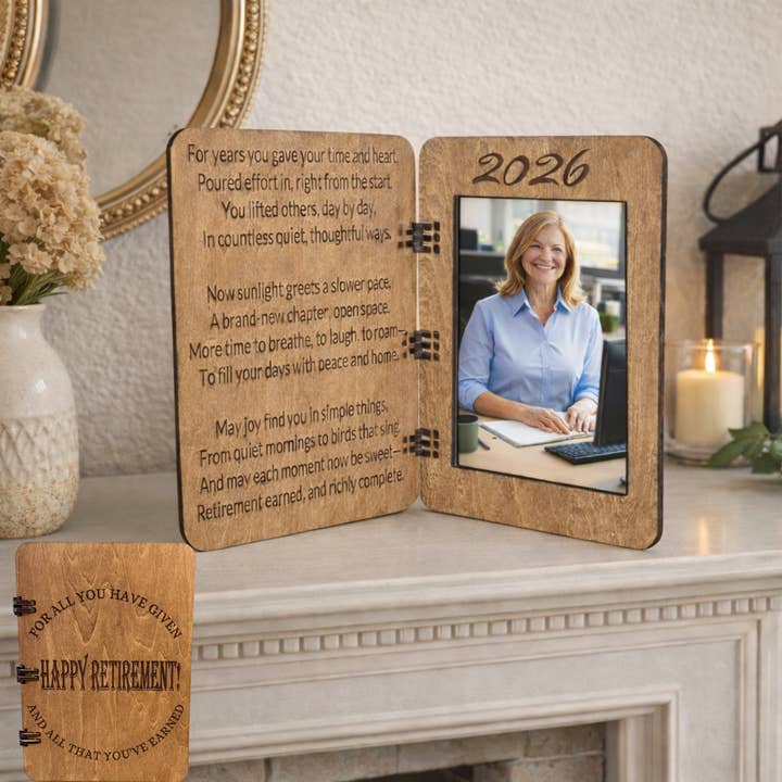 Retirement Wood Greeting Card 4x6 Picture Frame Keepsake for wholesale by Wooden Nose Gift Shop