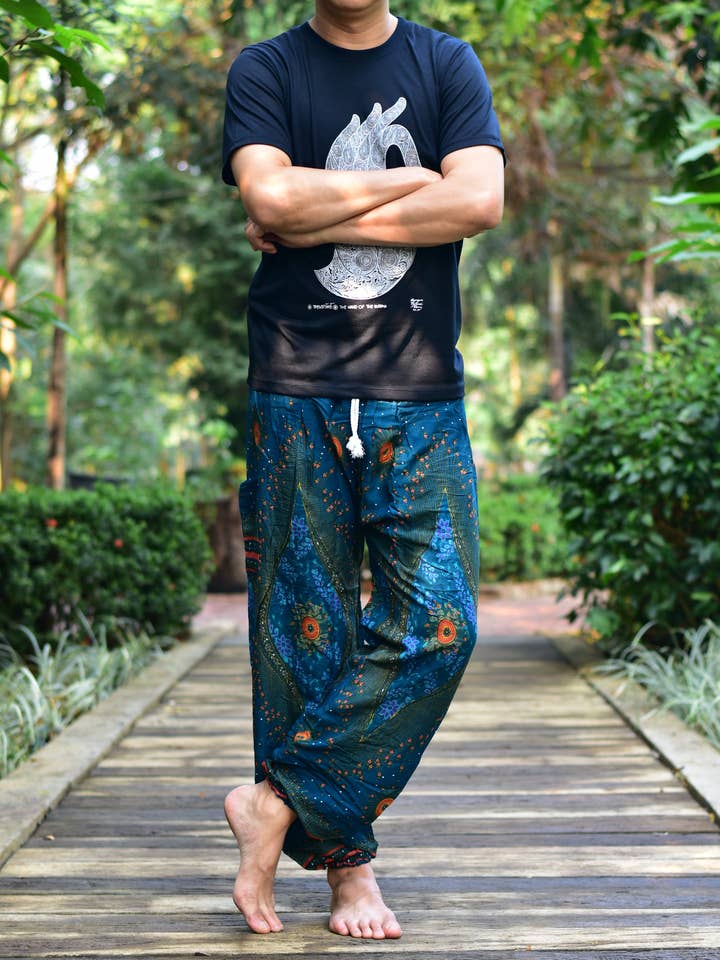 Mens Teal Moonshine Harem Pants Cord Tie Waist M/L-2XL for wholesale by Bohotusk