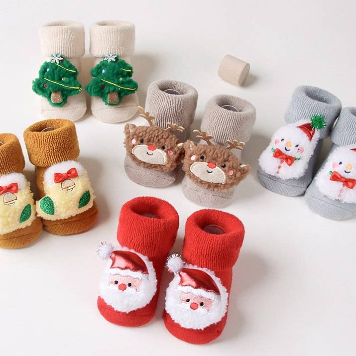 Chaussettes de Noël pour nouveau-né en coton peigné rouge, épaisses, doublées de polaire, antidérapantes pour l'hiver. pour la vente par Auraquise