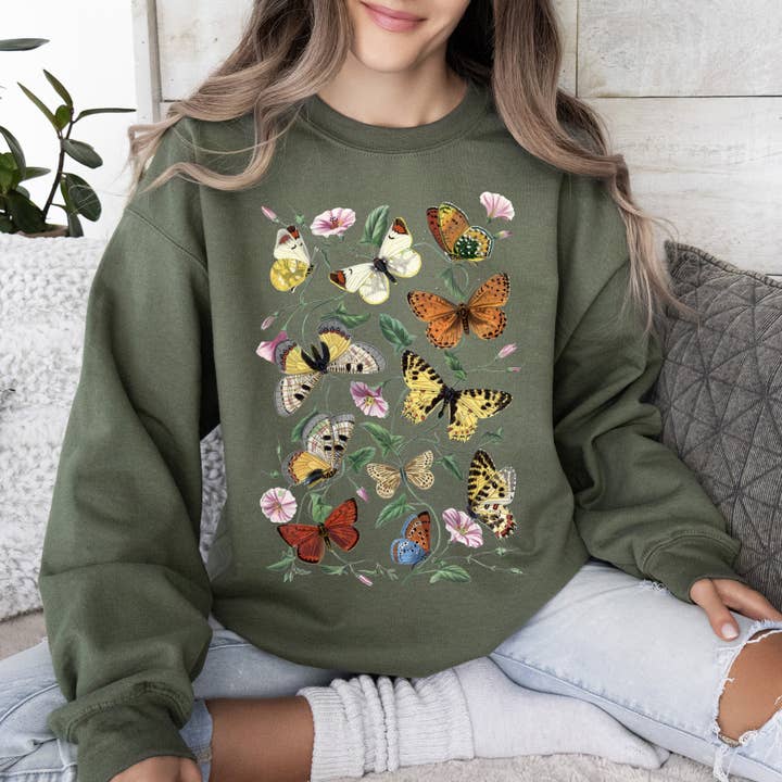 Butterfly Garden, Vibrant Floral and Butterfly Print Sweatshirt for wholesale by Refinery Number One LLC