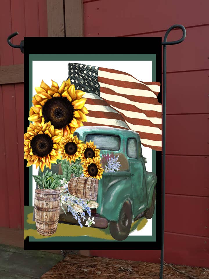 Vintage Blue Truck Sunflowers USA Flags Garden Flag #G2057 for wholesale by Happy Cow Lawn Decor