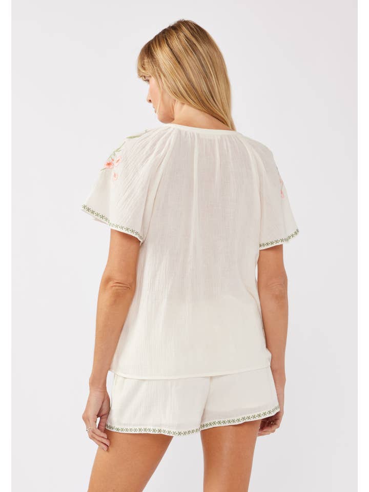 Cream Coral Floral Embroidery Split Neck Short Sleeve Top for wholesale on Faire