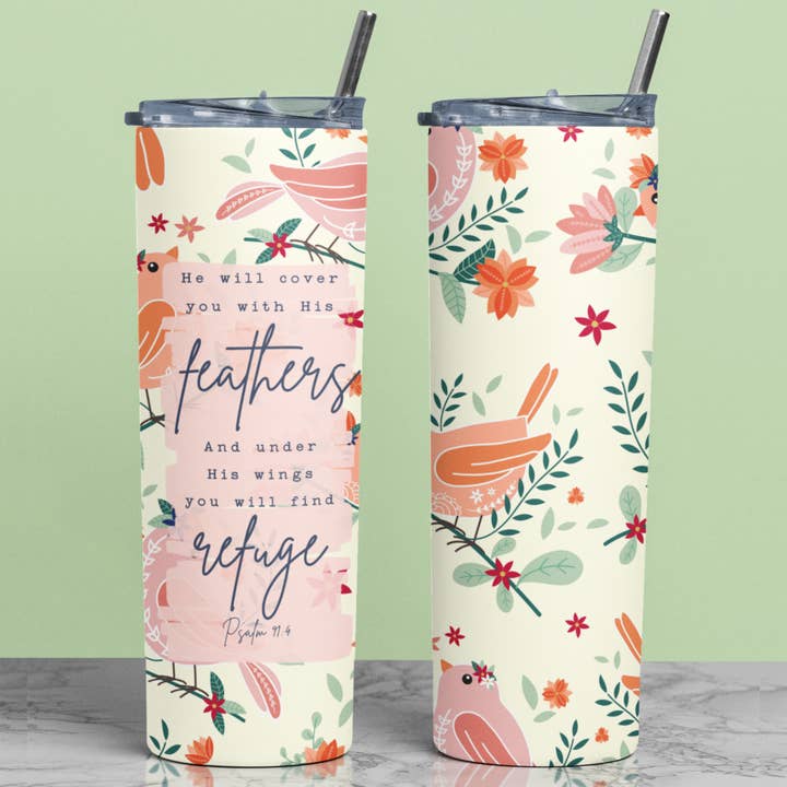 Faith & Life Christian Brands - Vente Gourde/bouteille isotherme - Il vous couvrira de ses plumes en acier inoxydable de 20 oz. Gobelet Skinny2