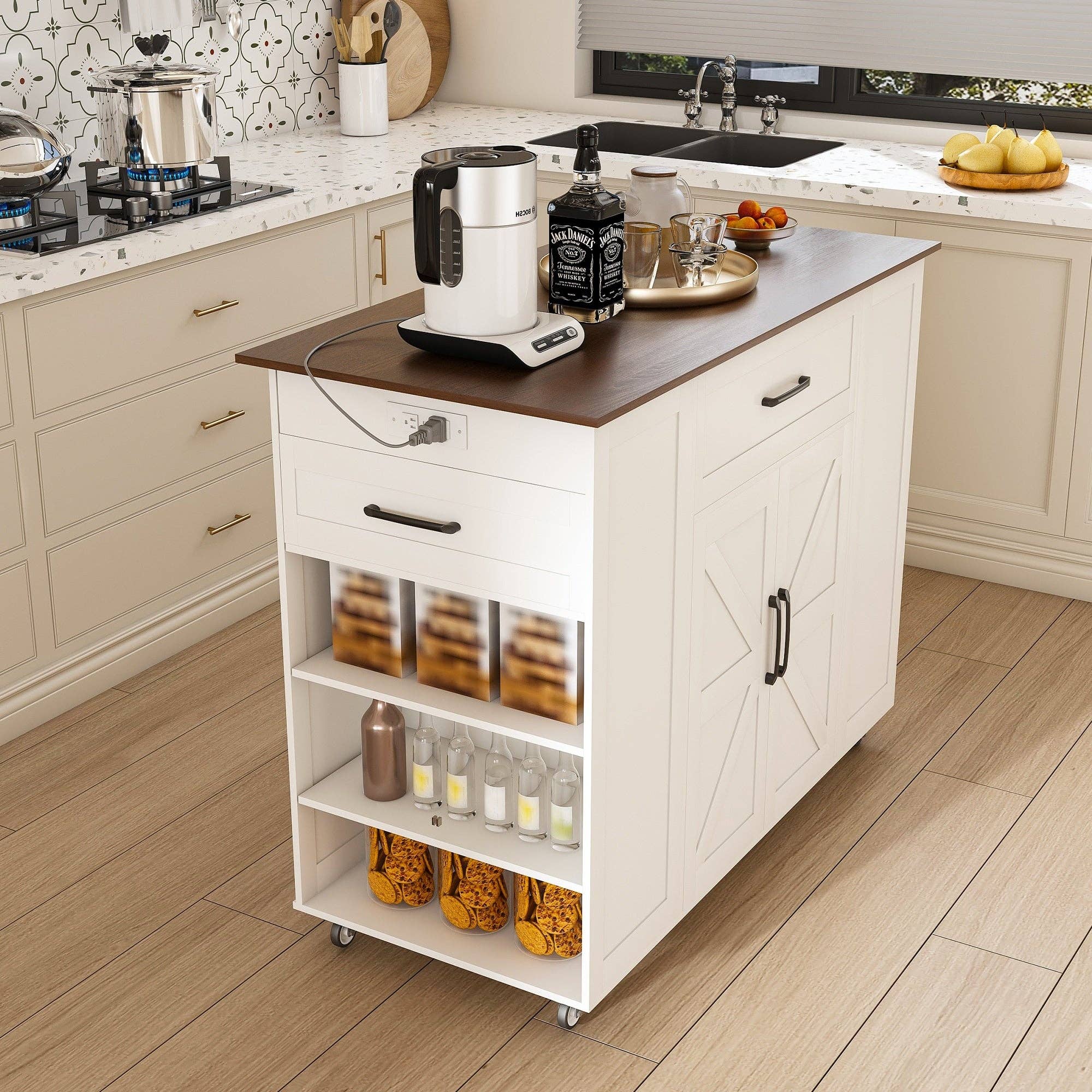 39F Inc. - Wholesale Kitchen Storage/Organizer - 46in Rustic Movable Kitchen Island - White MDF, Wood Top9