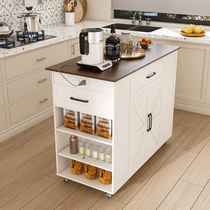 39F Inc. - Wholesale Kitchen Storage/Organizer - Rustic Movable Kitchen Island on Wheels with Storage & Power Outlet, White MDF Frame with Wood Top, 46'9