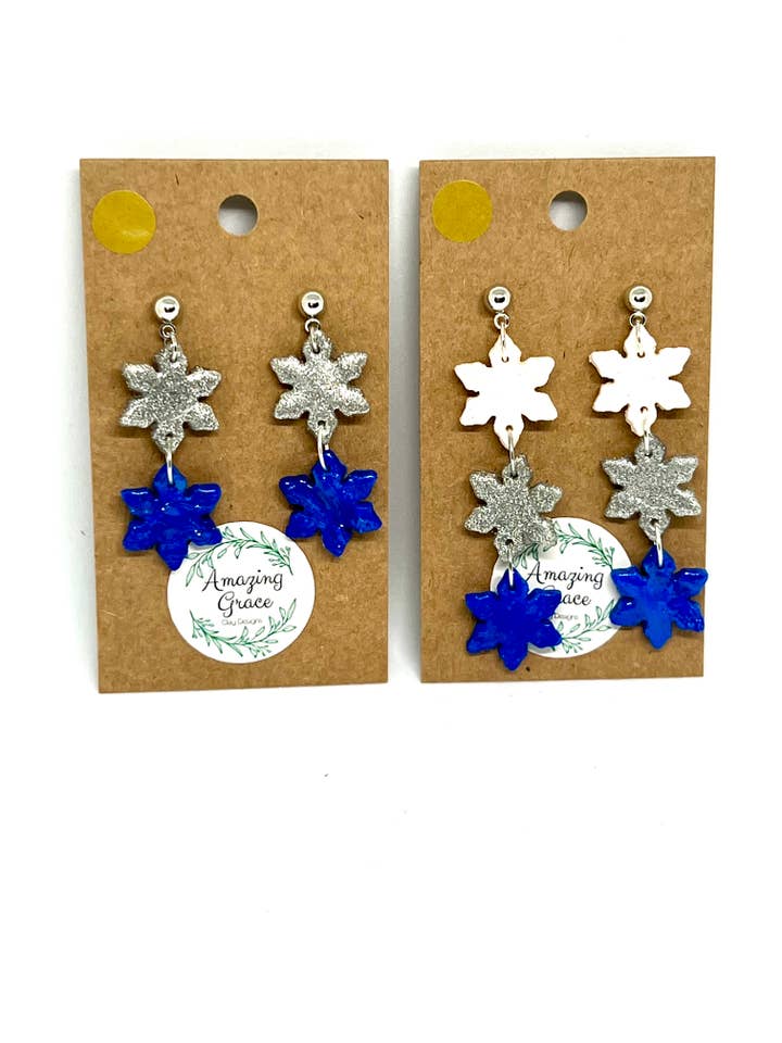Pendientes de arcilla con forma de copo de nieve de tres niveles para venta al por mayor de Amazing Grace Clay Designs