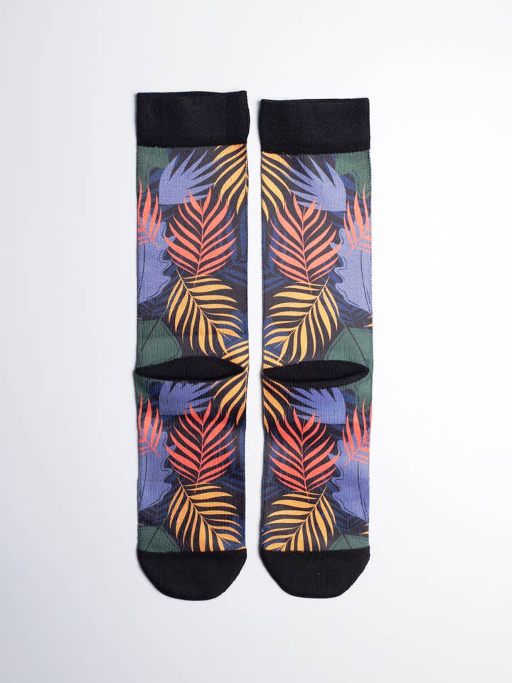 Just Fun Socks - Wholesale Socks - Unisex - Midnight Tropical Palm Printed Crew Socks - M/L