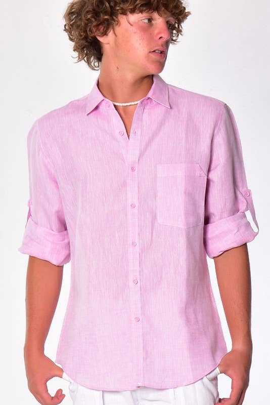 Azucar & Bohio - Vente Chemise à col boutonné – homme - Chemise en lin 100 % à manches longues retroussables, douce au toucher16