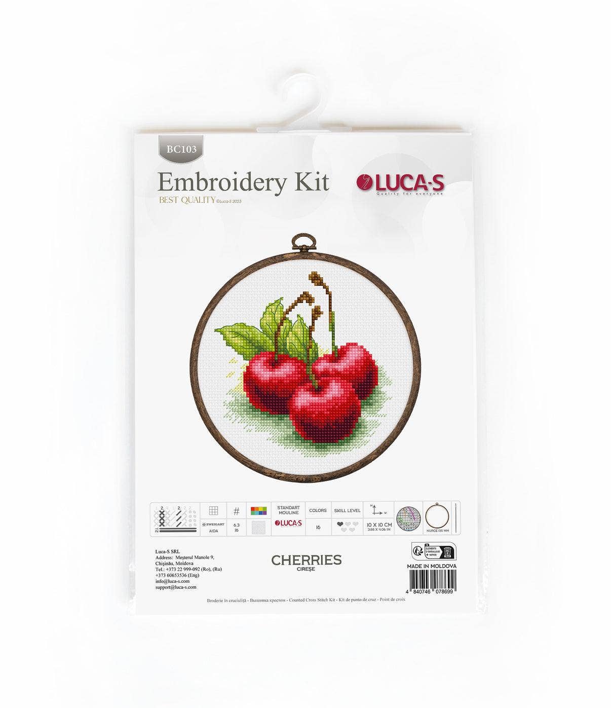 Luca-S - Wholesale Embroidery/Cross Stitch Supplies - Cross Stitch Kit with Hoop Included Luca-S - Cherries, BC1034