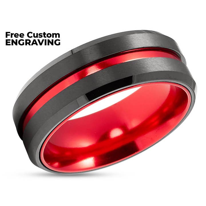 Negro Anillo de bodas de tungsteno rojo - Anillo de tungsteno negro - Anillo de bodas rojo - Alianza de boda roja de venta al por mayor en Faire1