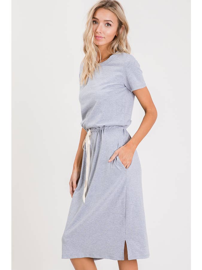 7th Ray - Wholesale Dress - Women's - Everyday Drawstring Waist Side Pocket T-Shirt Dress D246541