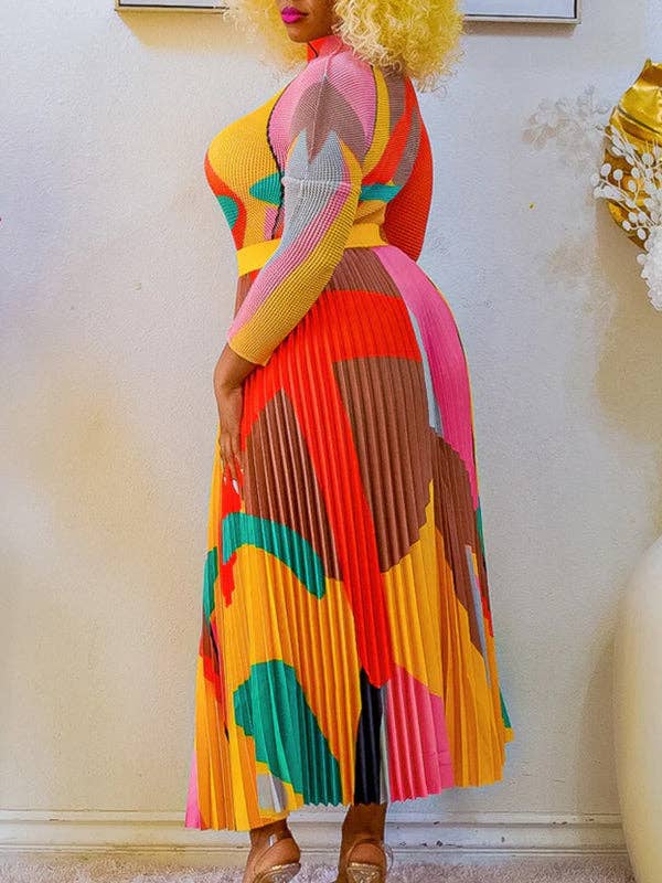 Sheer Trend - Venta al por mayor Conjuntos de top y falda - Mujer - Conjunto de dos piezas de blusa de manga larga con cuello simulado, estampado plisado de color contrastante y falda en talla grande.8