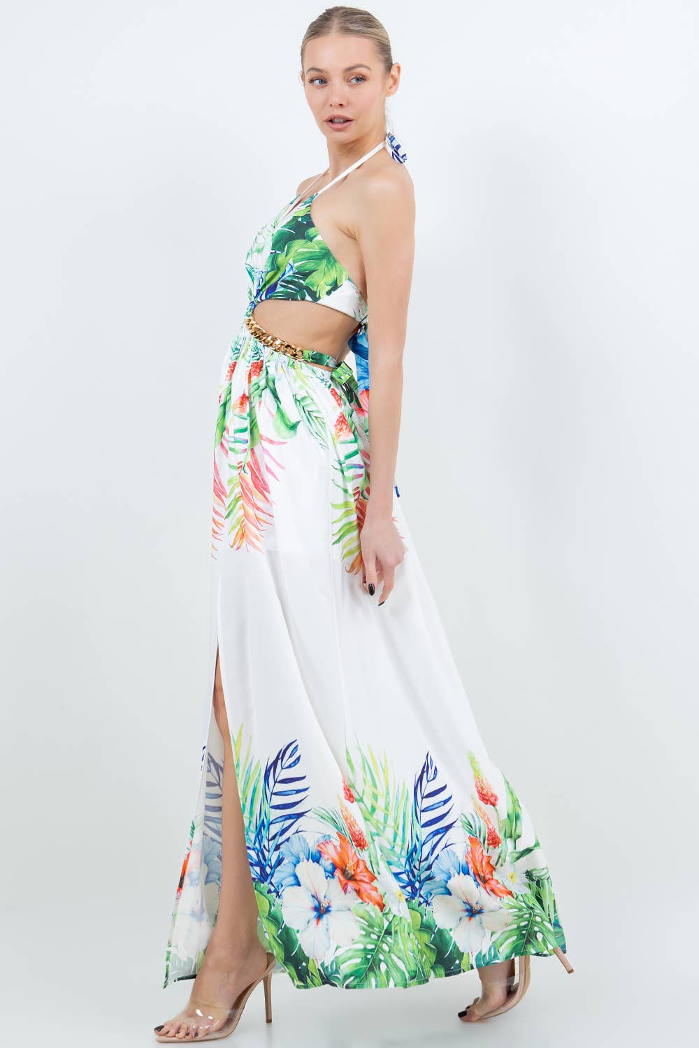 IVORY DM4190 TROPICAL FLORAL HALTER CUT OUT W CHAIN MAXI DRESS for wholesale on Faire3