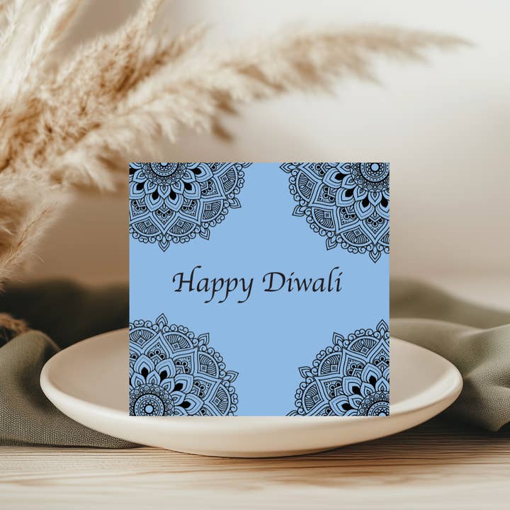 Diwali Aqua Crescent Greeting Card for wholesale by Libra Fine Arts